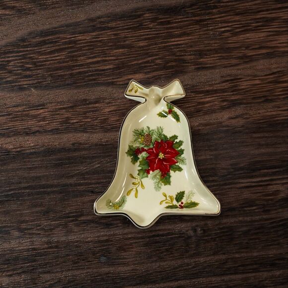 Mikasa Holiday Bloom Poinsettia Bell Candy Dish Christmas Gold Trim 8" - Picture 2 of 4